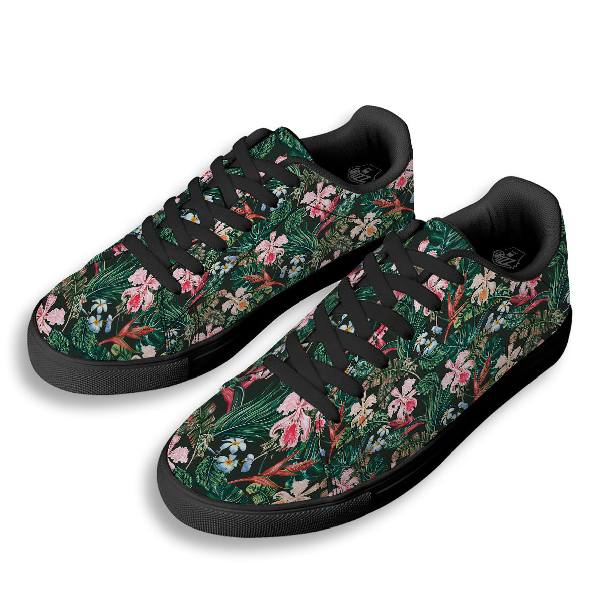 Flower Orchid Tropical Print Pattern Black Low Top Sneakers-grizzshop