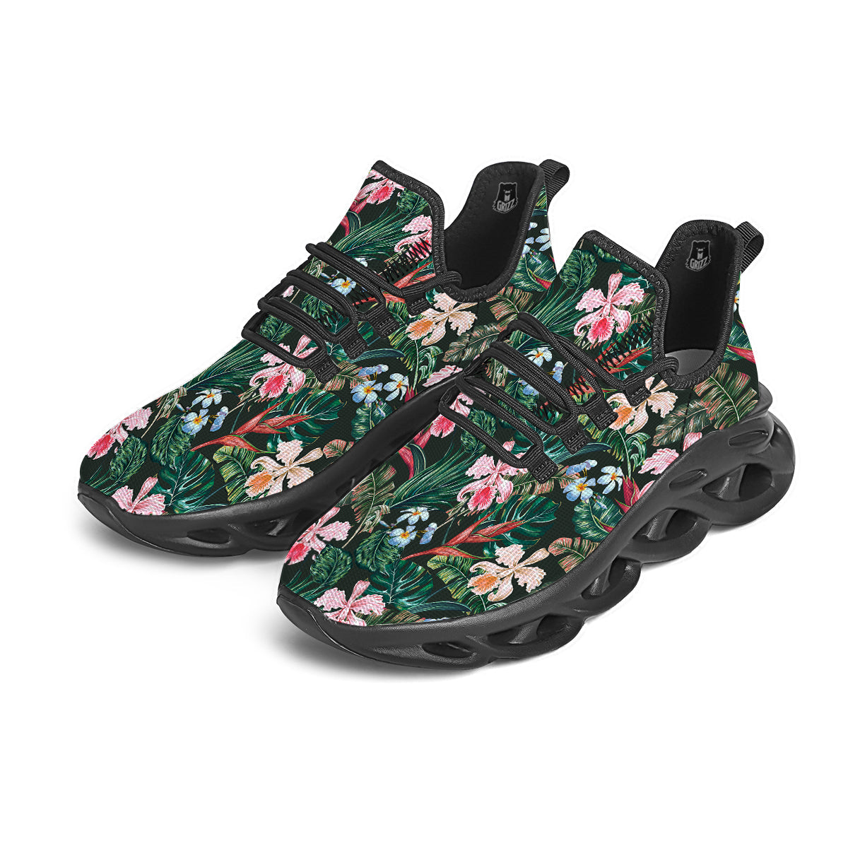 Flower Orchid Tropical Print Pattern Black Running Shoes-grizzshop