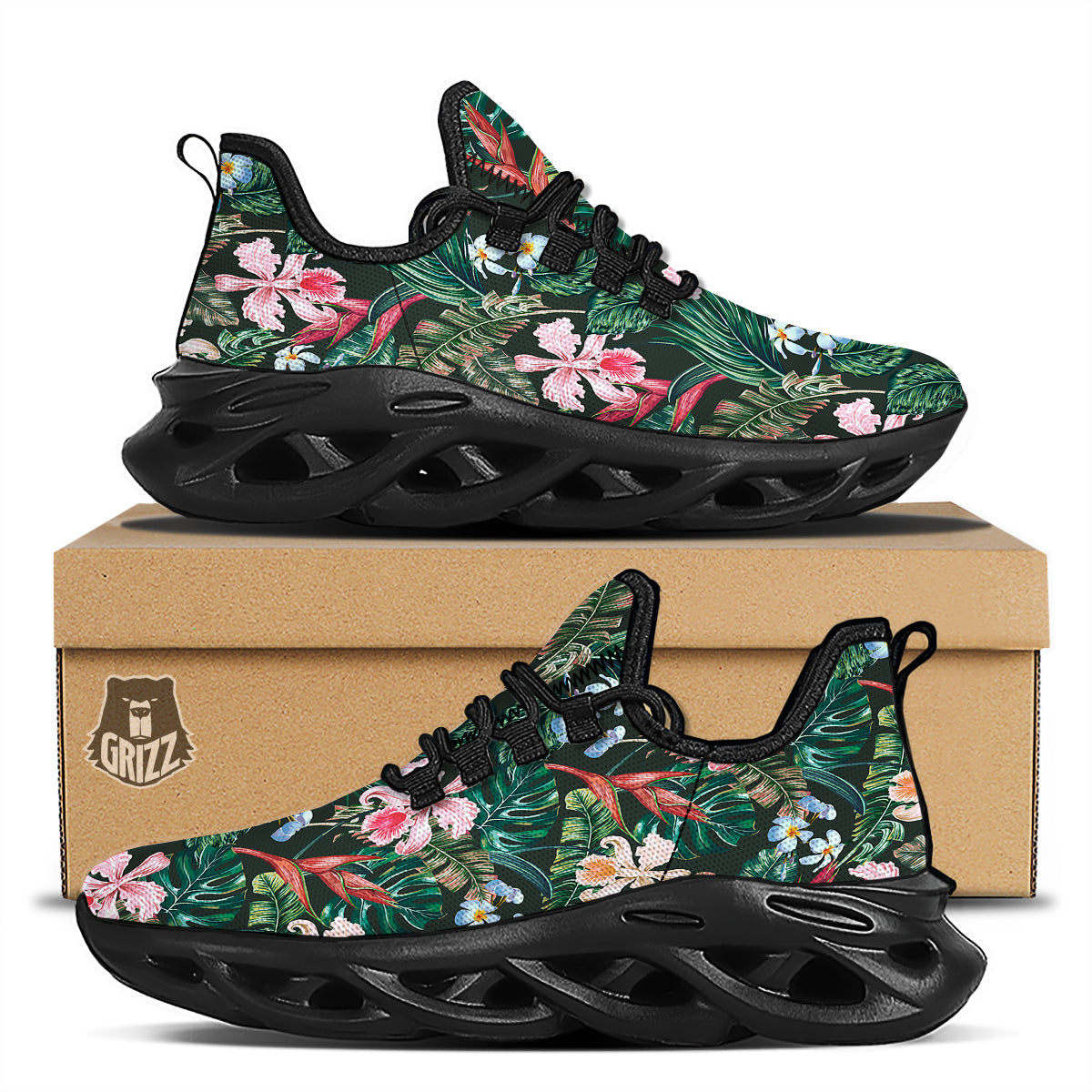 Flower Orchid Tropical Print Pattern Black Running Shoes-grizzshop