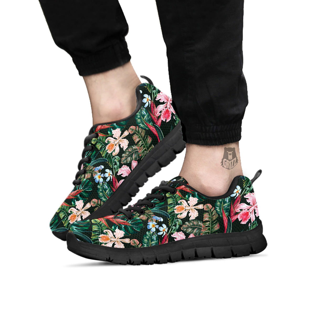 Flower Orchid Tropical Print Pattern Black Sneaker-grizzshop