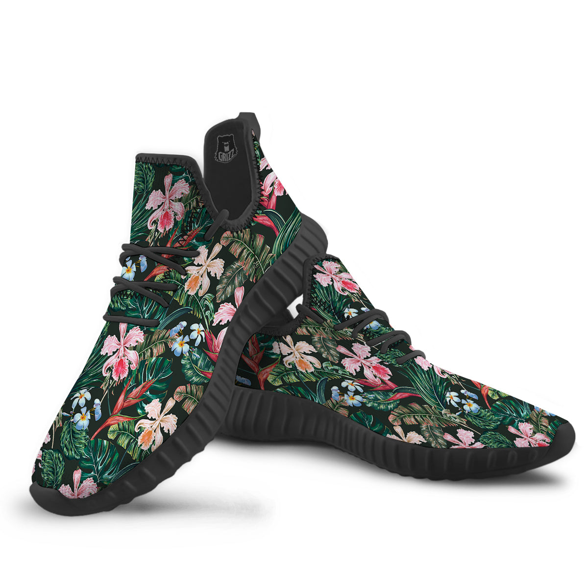 Flower Orchid Tropical Print Pattern Black Walking Shoes-grizzshop