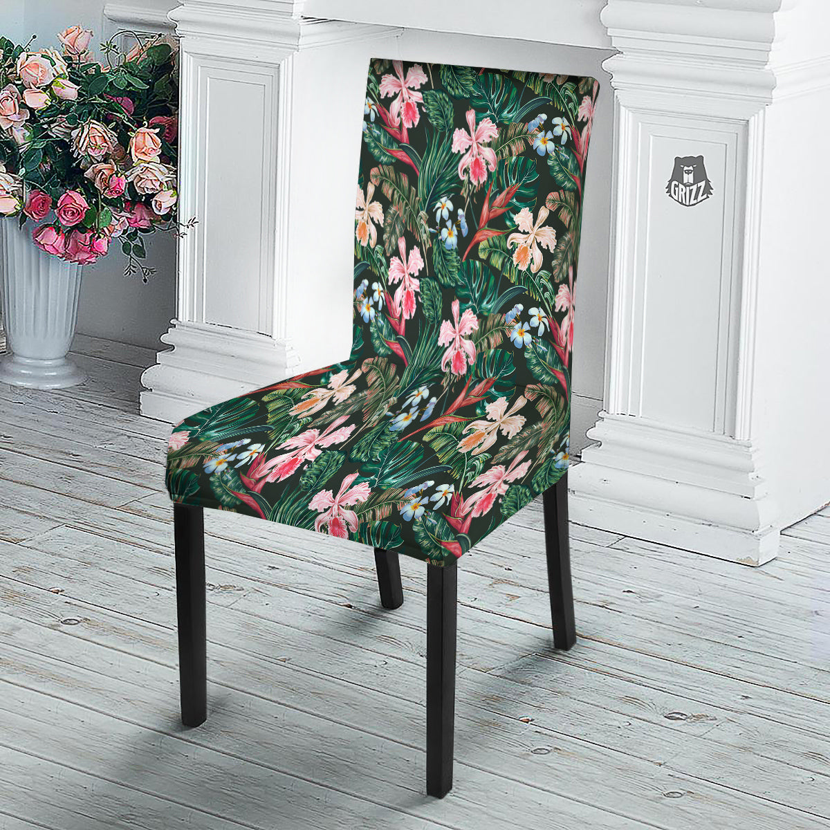 Flower Orchid Tropical Print Pattern Dining Chair Slipcover-grizzshop
