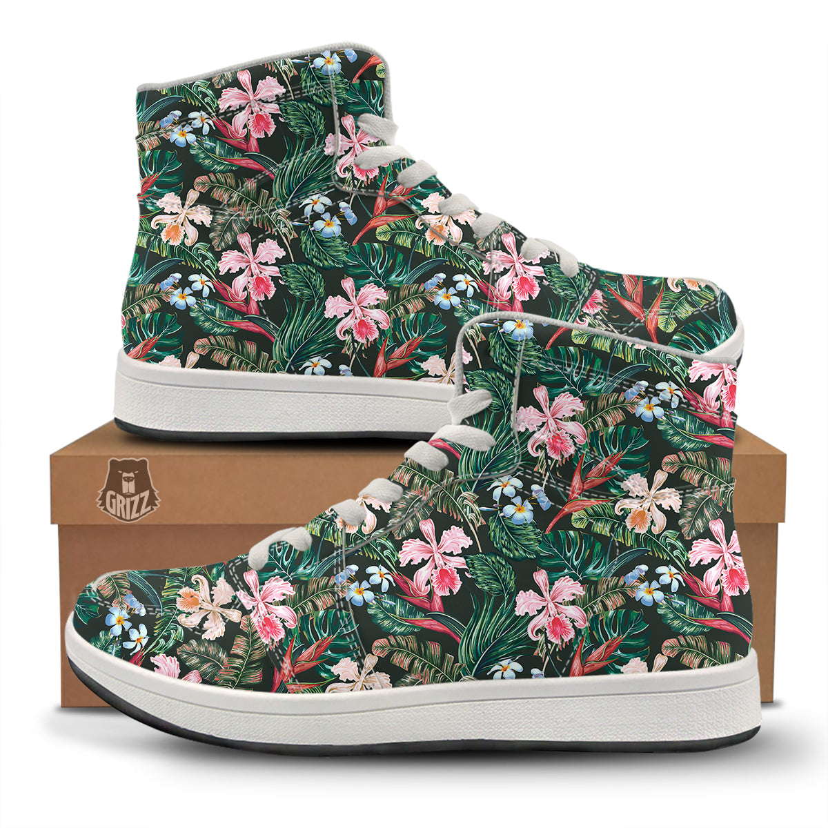 Flower Orchid Tropical Print Pattern High Top Sneakers-grizzshop
