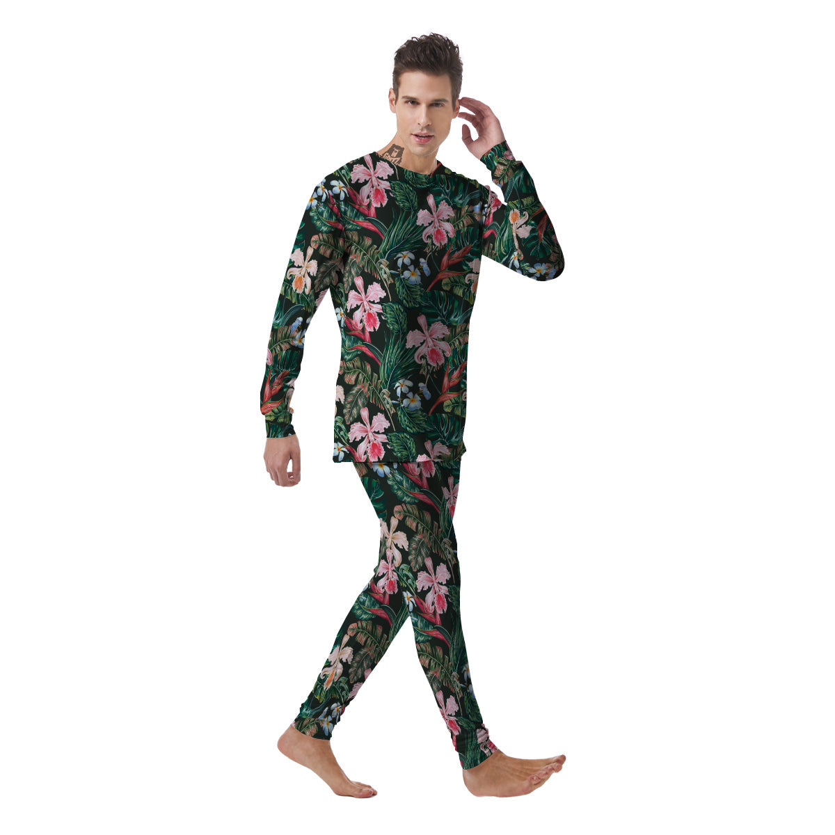 Flower Orchid Tropical Print Pattern Men's Pajamas-grizzshop