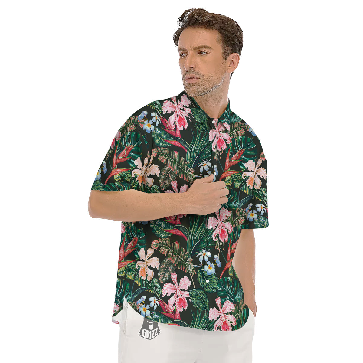Flower Orchid Tropical Print Pattern Men's Short Sleeve Shirts-grizzshop