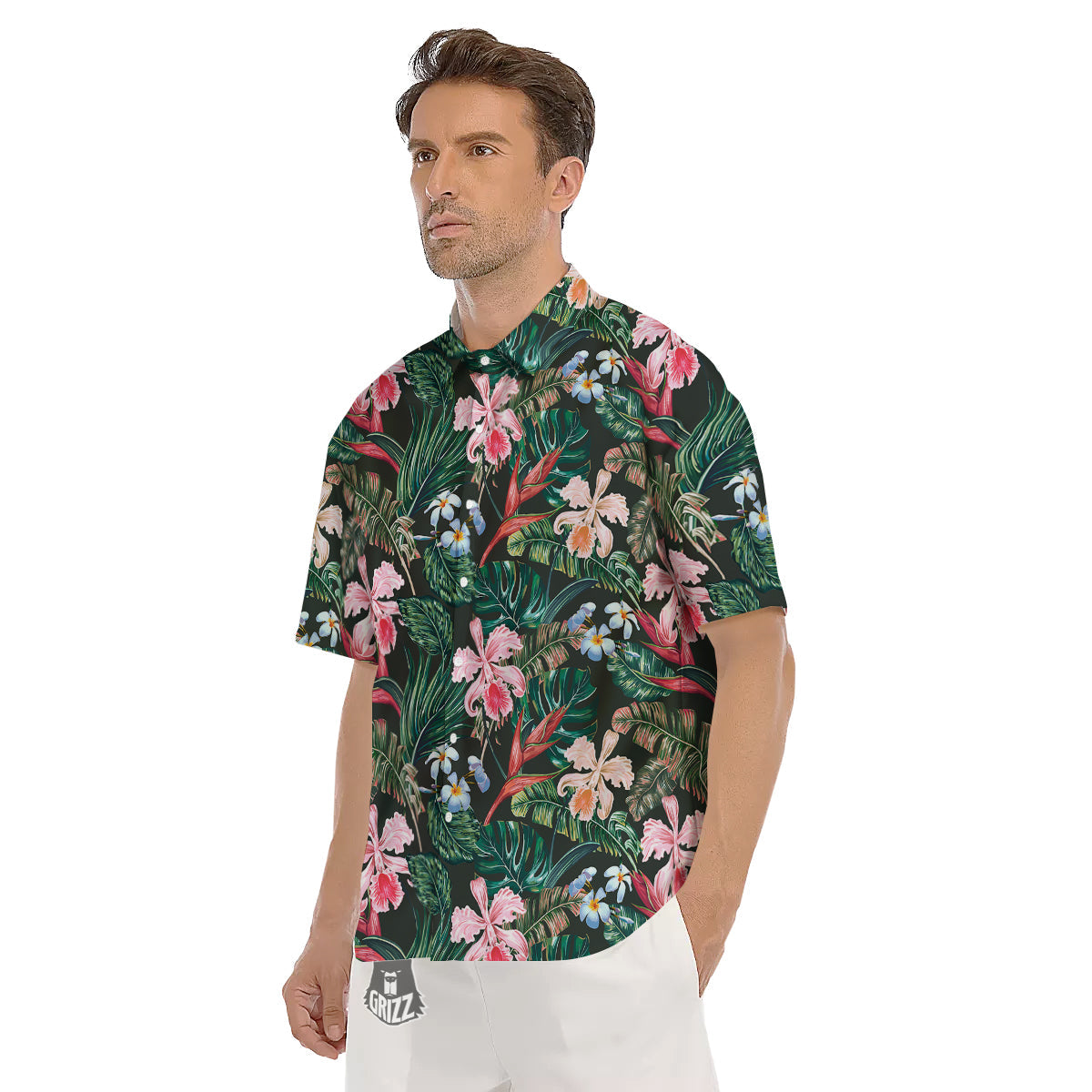 Flower Orchid Tropical Print Pattern Men's Short Sleeve Shirts-grizzshop