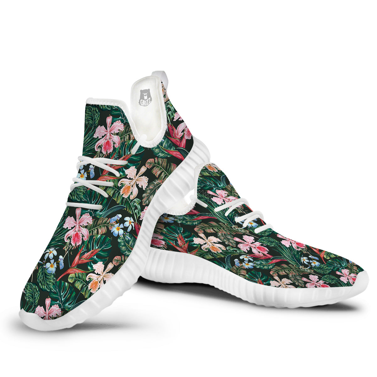 Flower Orchid Tropical Print Pattern White Walking Shoes-grizzshop
