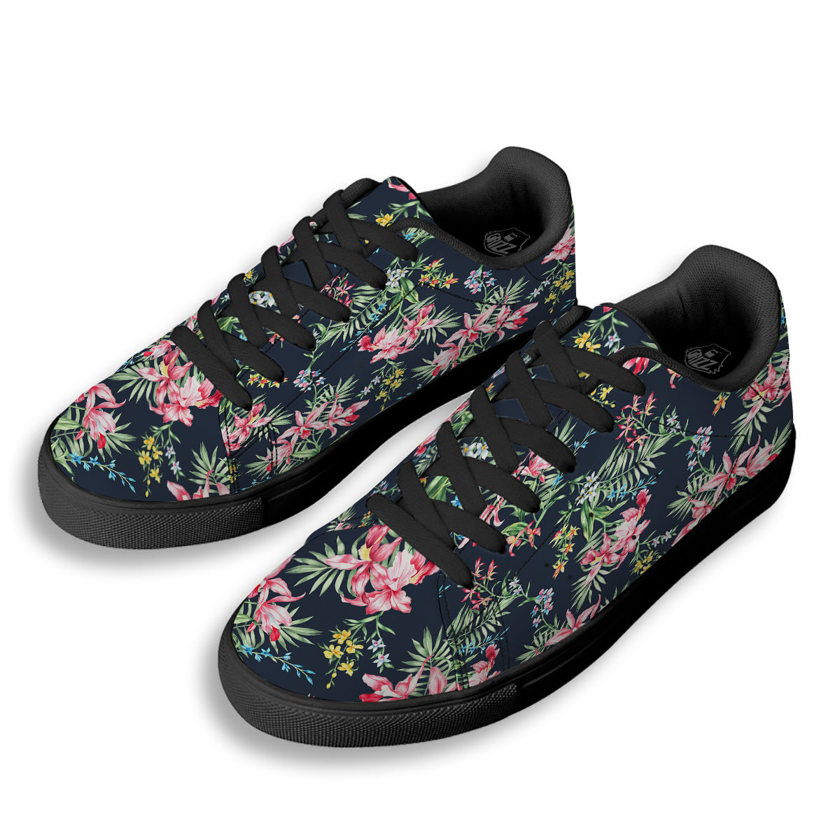 Flower Orchid Watercolor Print Pattern Black Low Top Sneakers-grizzshop