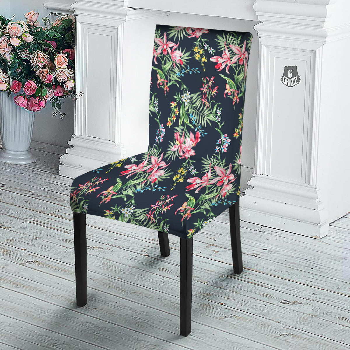 Flower Orchid Watercolor Print Pattern Dining Chair Slipcover-grizzshop