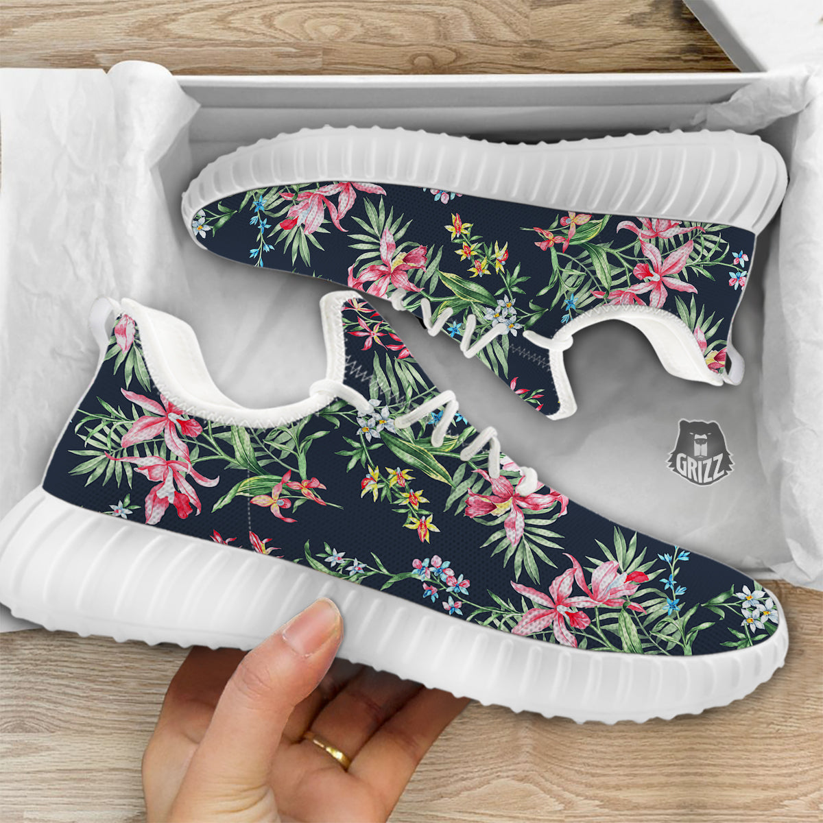 Flower Orchid Watercolor Print Pattern White Walking Shoes-grizzshop