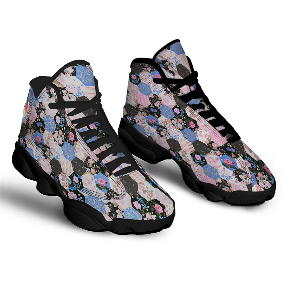 Flower Patchwork Pink Print Pattern Black Basketball Shoes-grizzshop