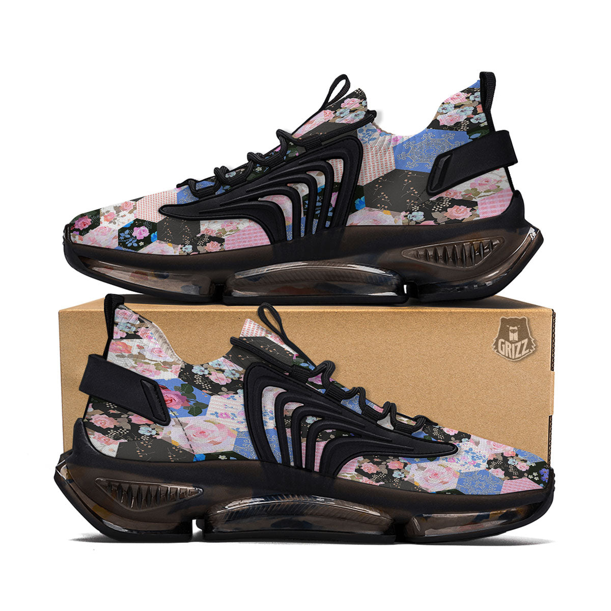 Flower Patchwork Pink Print Pattern Black Gym Shoes-grizzshop