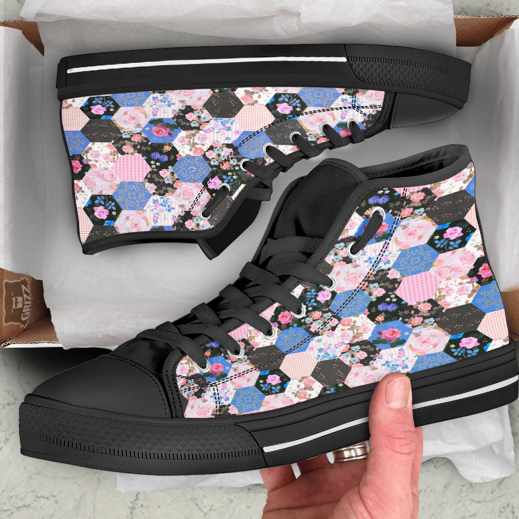 Flower Patchwork Pink Print Pattern Black High Top Shoes-grizzshop