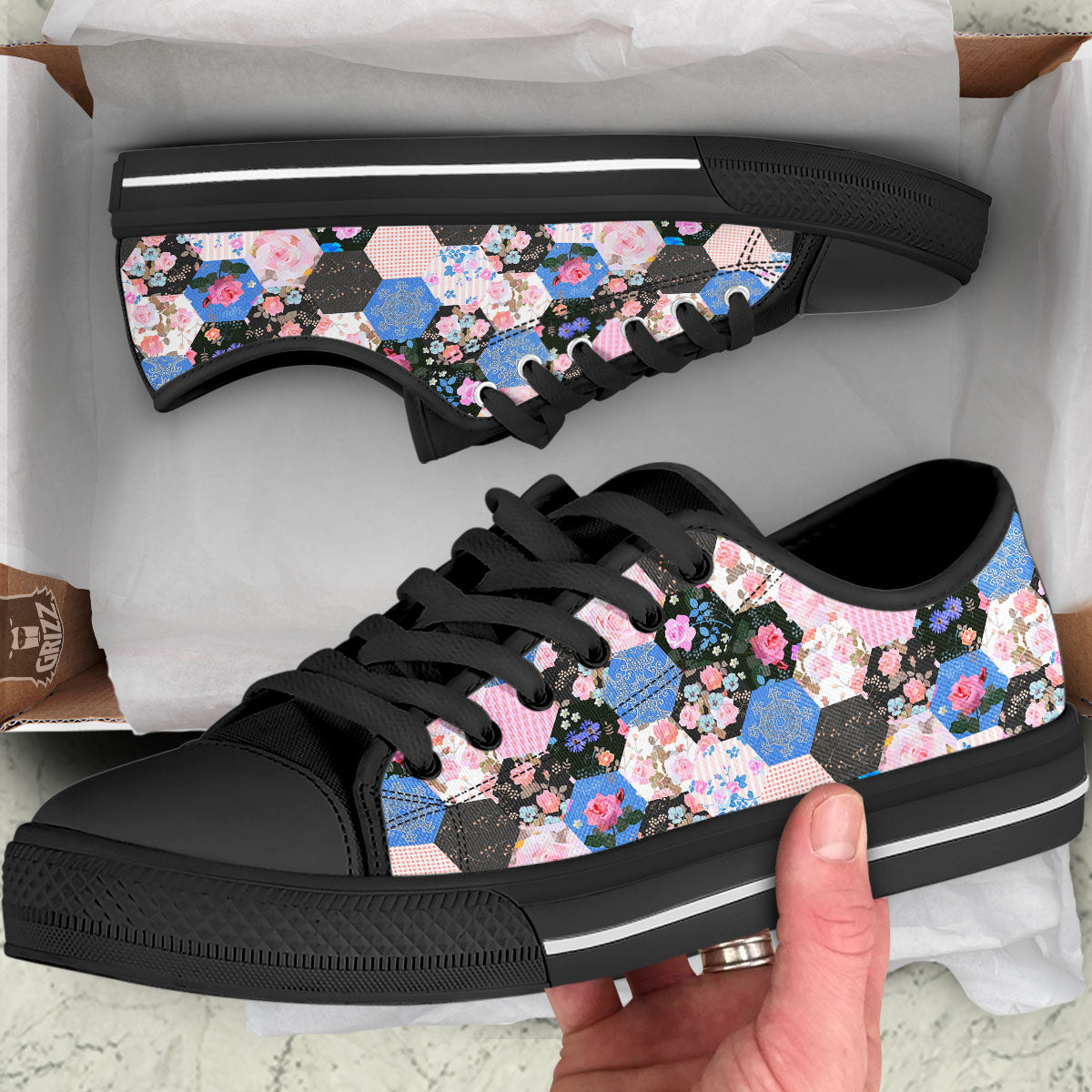 Flower Patchwork Pink Print Pattern Black Low Top Shoes-grizzshop