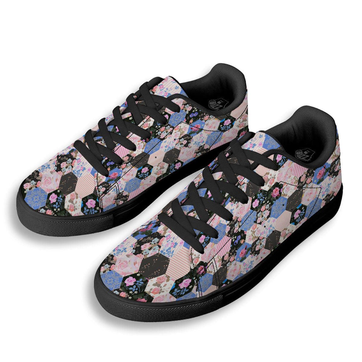 Flower Patchwork Pink Print Pattern Black Low Top Sneakers-grizzshop