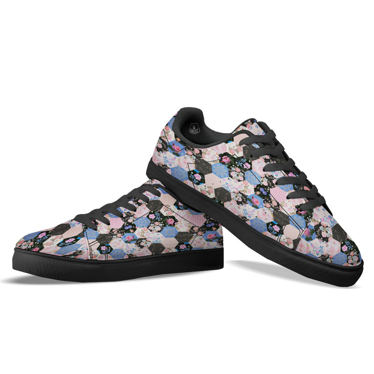 Flower Patchwork Pink Print Pattern Black Low Top Sneakers-grizzshop