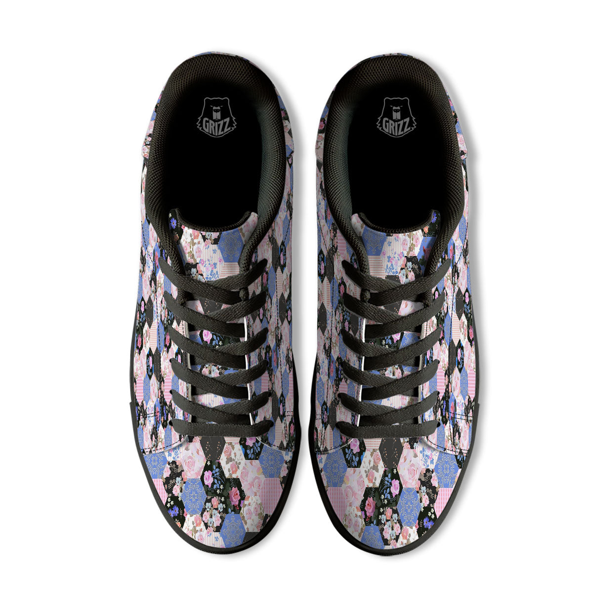 Flower Patchwork Pink Print Pattern Black Low Top Sneakers-grizzshop