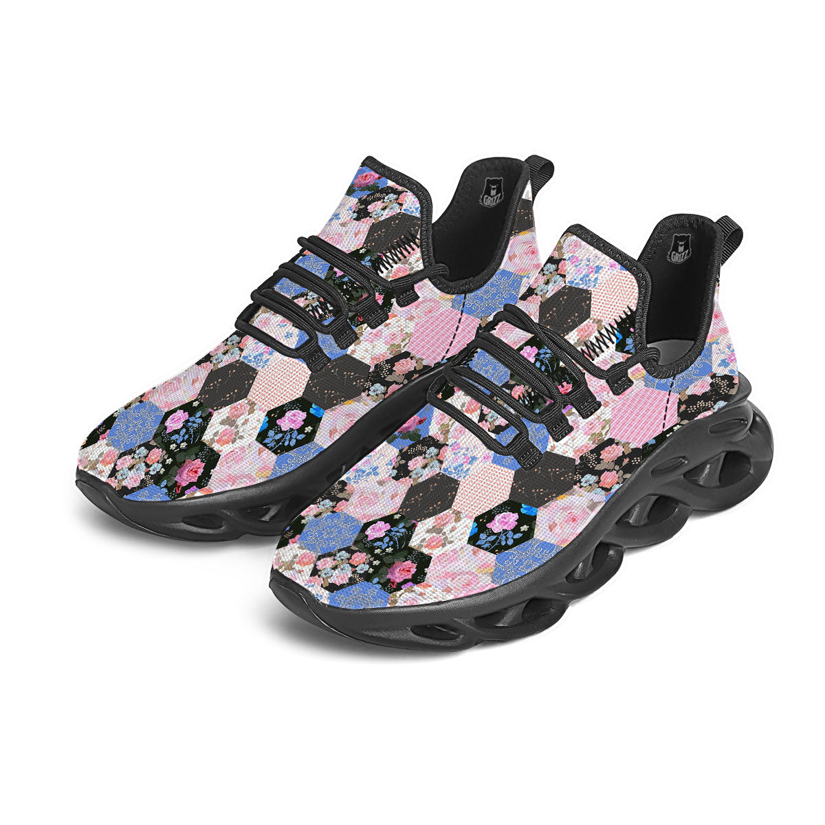 Flower Patchwork Pink Print Pattern Black Running Shoes-grizzshop