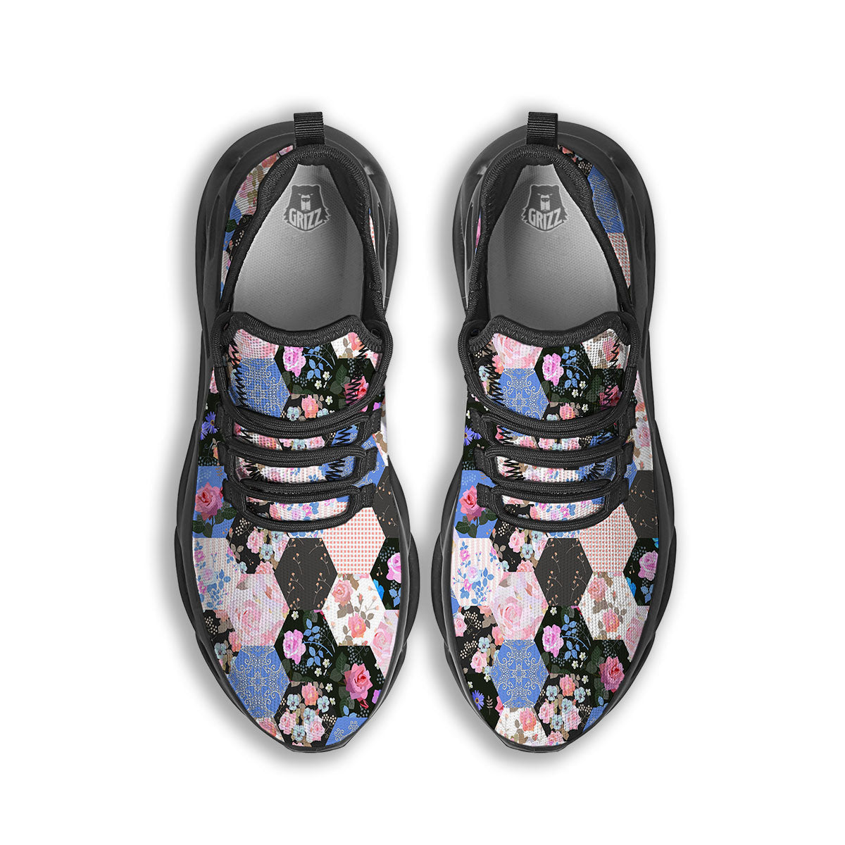 Flower Patchwork Pink Print Pattern Black Running Shoes-grizzshop