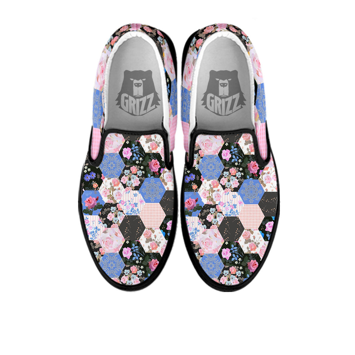 Flower Patchwork Pink Print Pattern Black Slip On Shoes-grizzshop