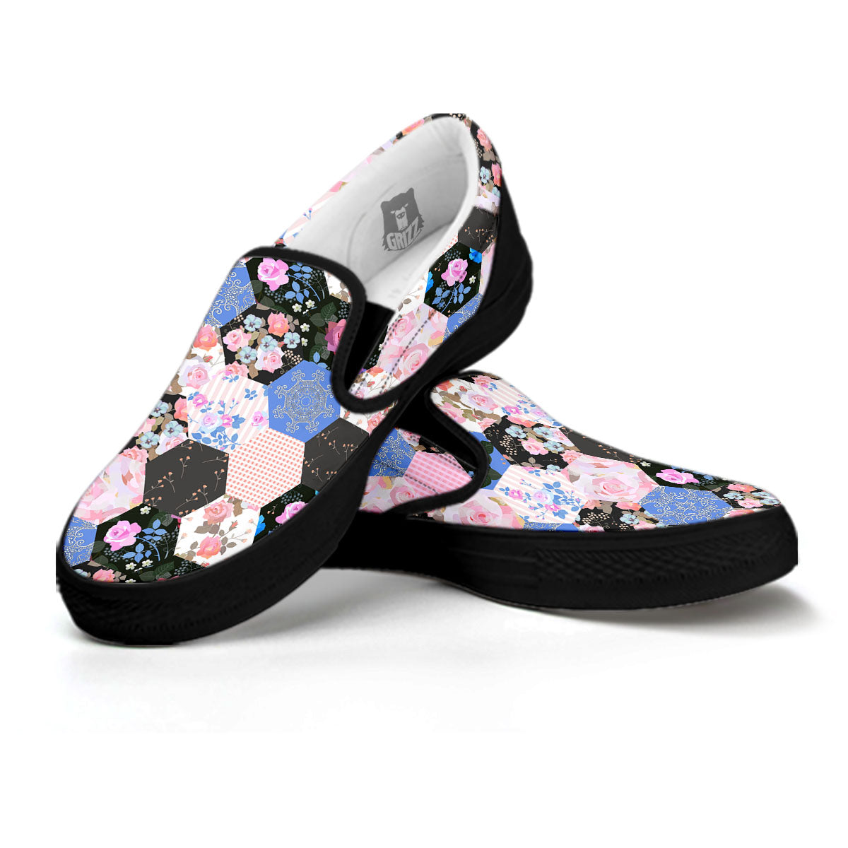 Flower Patchwork Pink Print Pattern Black Slip On Shoes-grizzshop