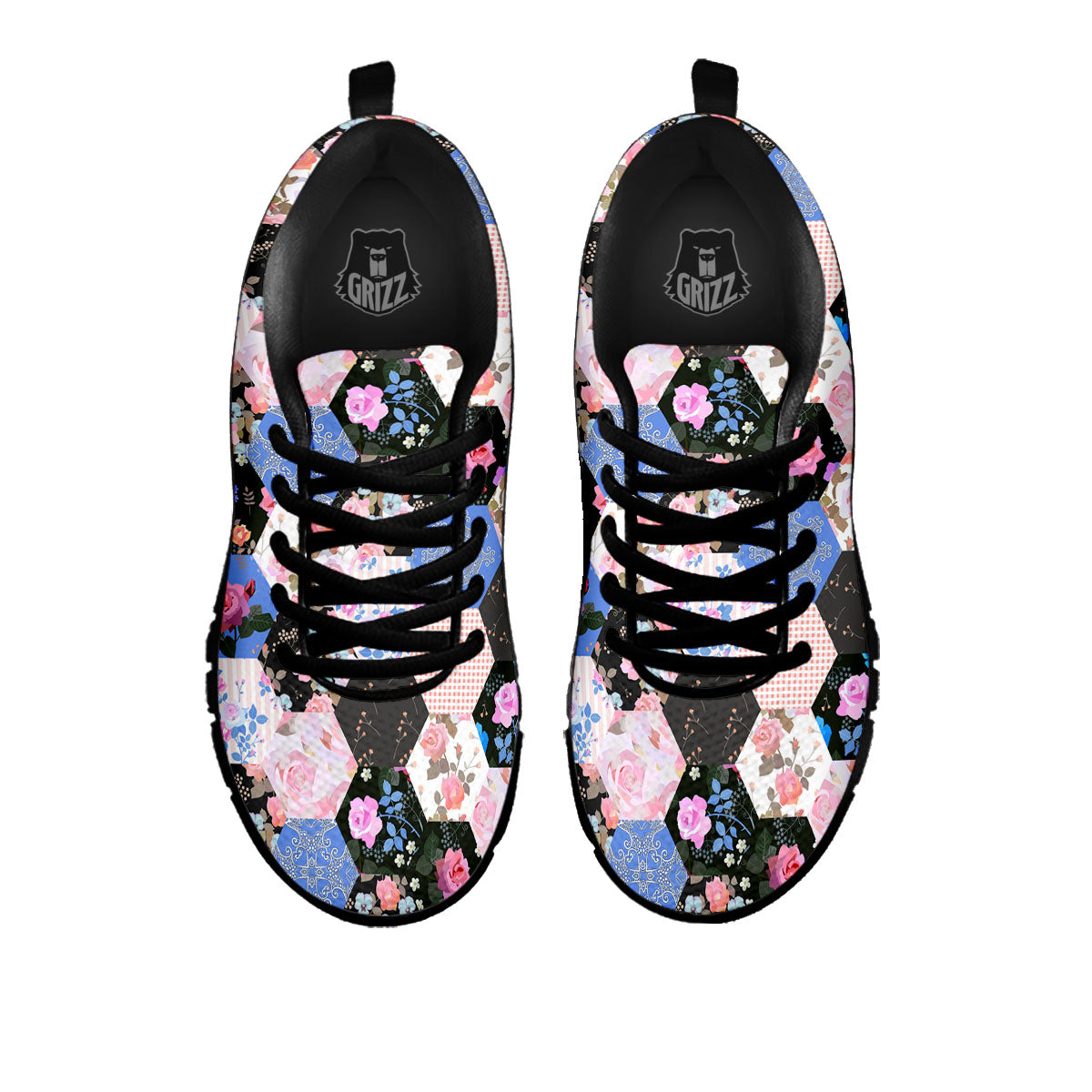 Flower Patchwork Pink Print Pattern Black Sneaker-grizzshop