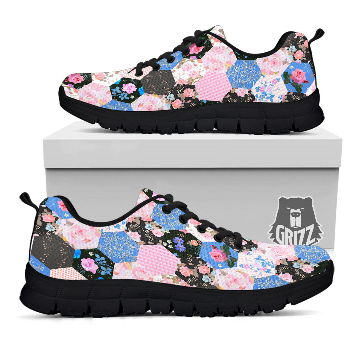 Flower Patchwork Pink Print Pattern Black Sneaker-grizzshop