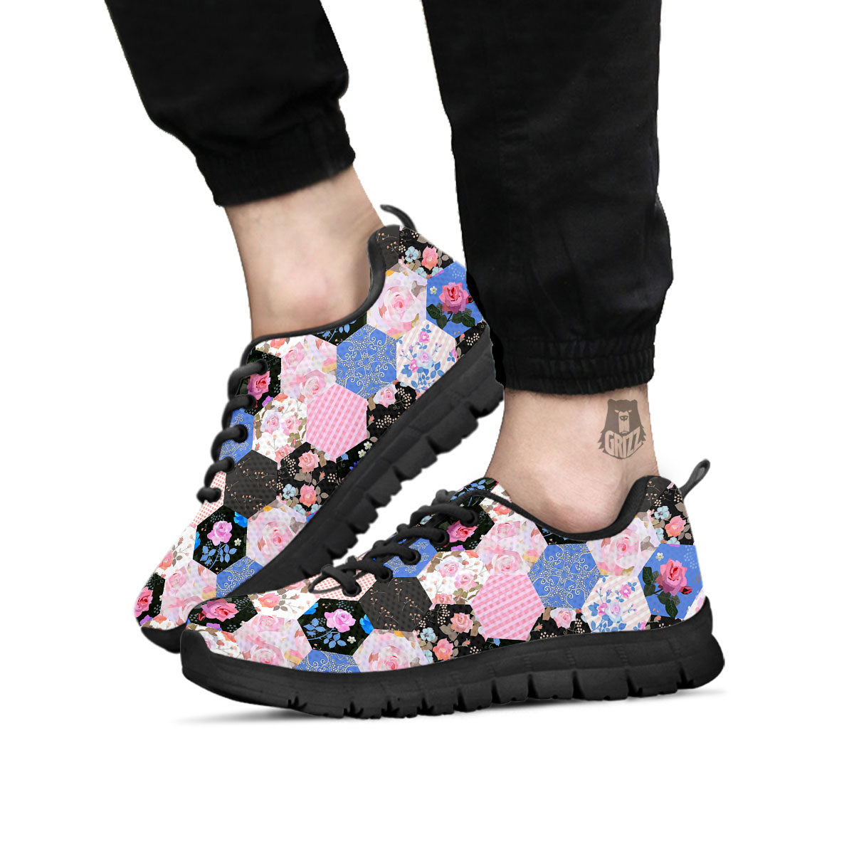 Flower Patchwork Pink Print Pattern Black Sneaker-grizzshop