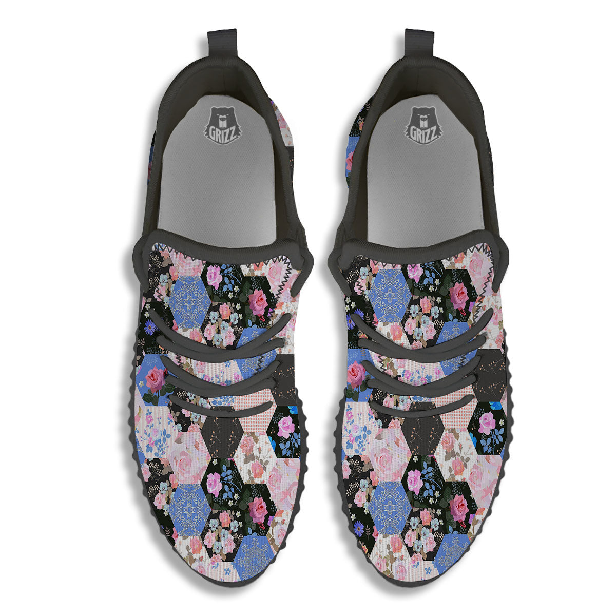 Flower Patchwork Pink Print Pattern Black Walking Shoes-grizzshop