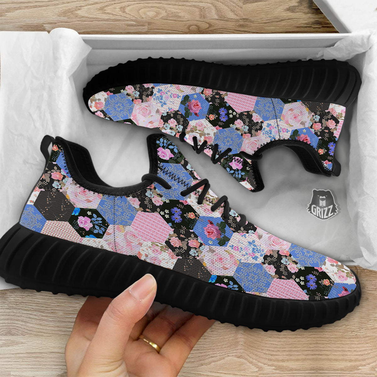 Flower Patchwork Pink Print Pattern Black Walking Shoes-grizzshop