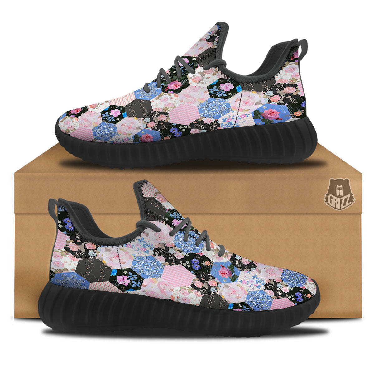 Flower Patchwork Pink Print Pattern Black Walking Shoes-grizzshop