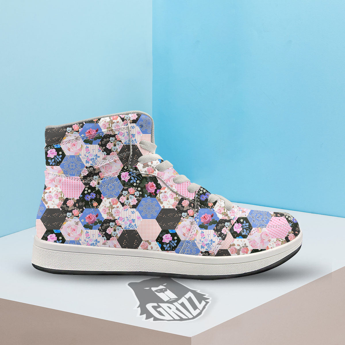 Flower Patchwork Pink Print Pattern High Top Sneakers-grizzshop