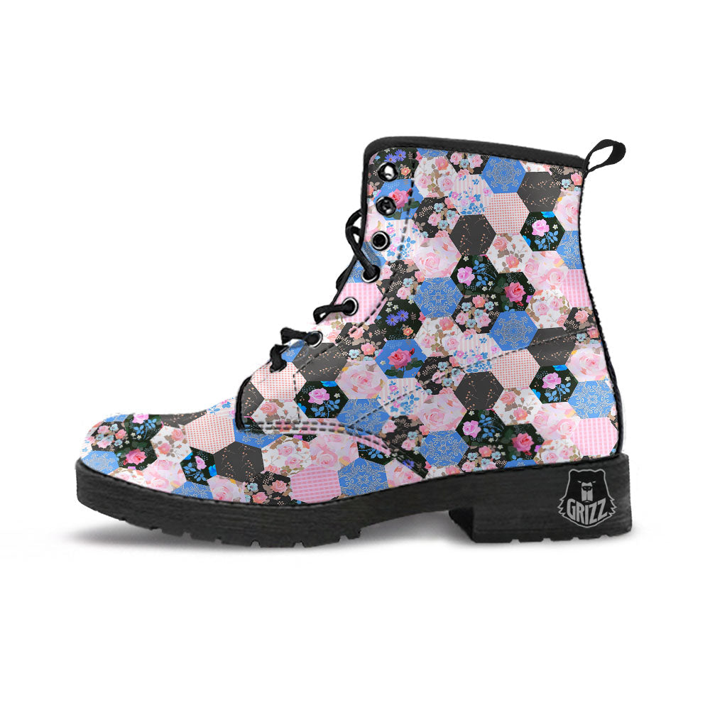 Flower Patchwork Pink Print Pattern Leather Boots-grizzshop