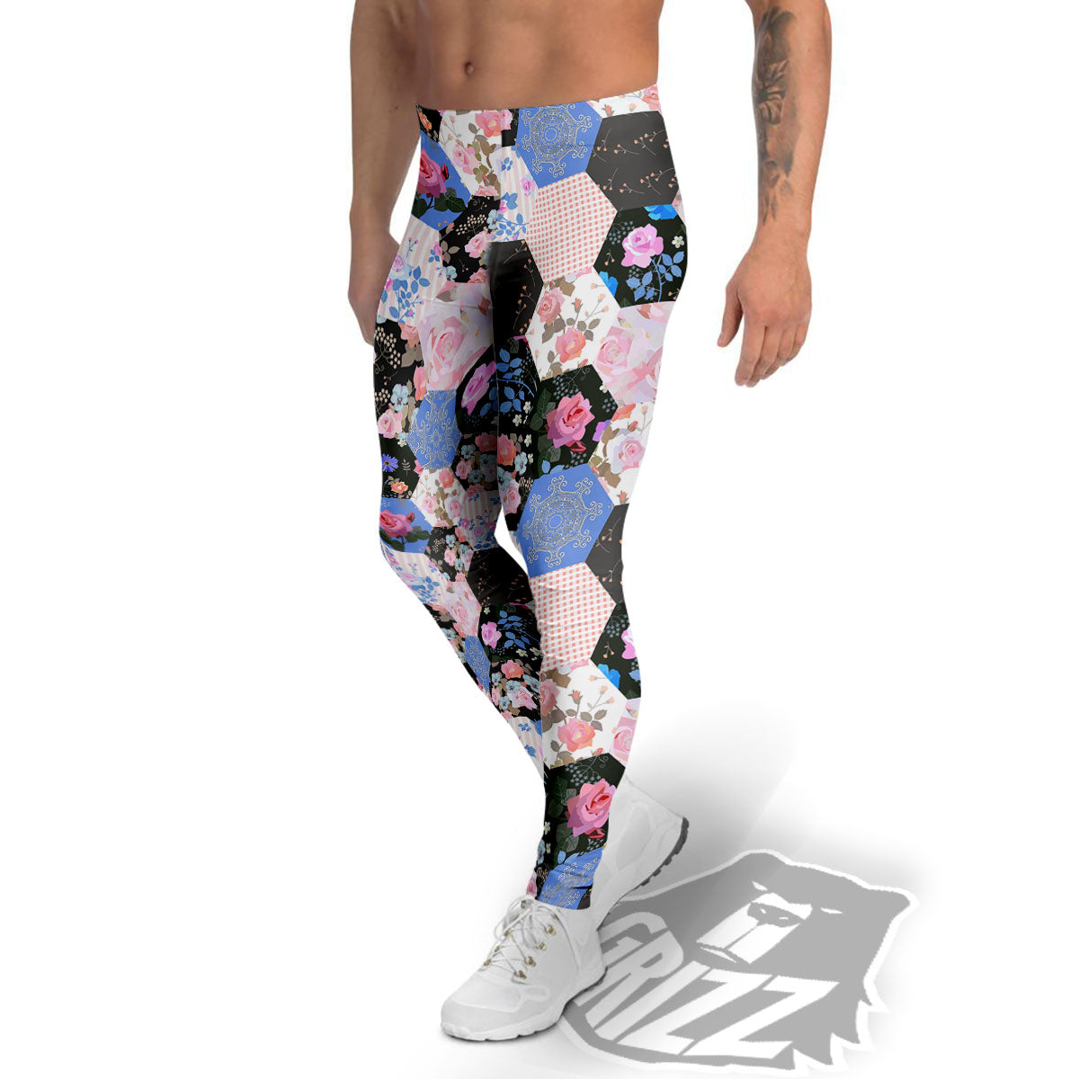 Flower Patchwork Pink Print Pattern Men's Leggings-grizzshop