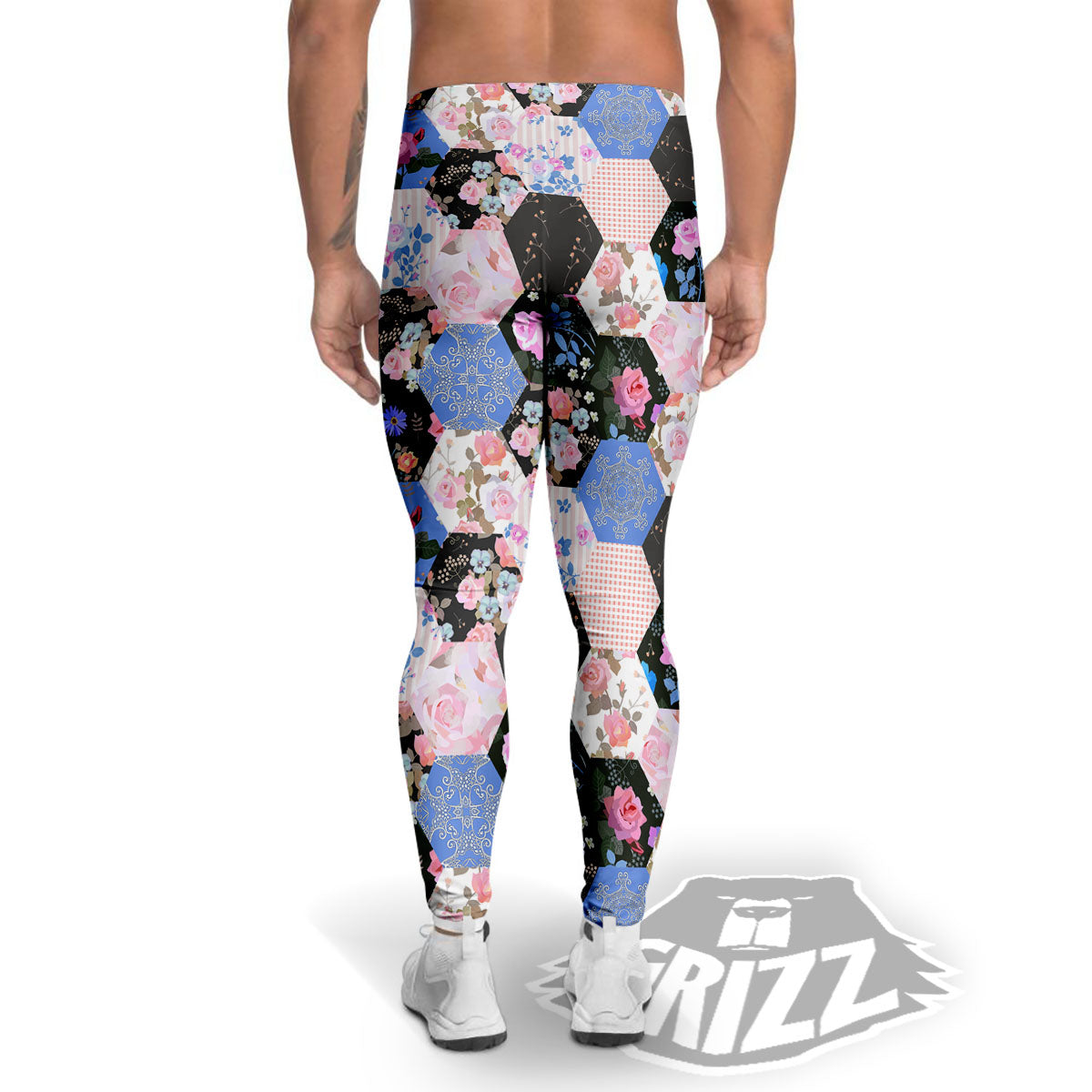 Flower Patchwork Pink Print Pattern Men's Leggings-grizzshop