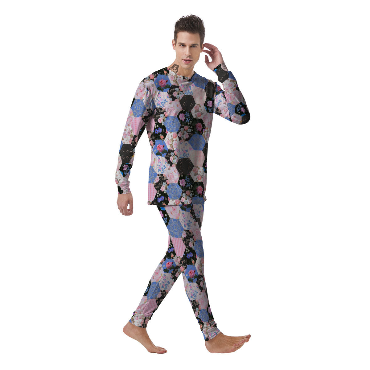 Flower Patchwork Pink Print Pattern Men's Pajamas-grizzshop