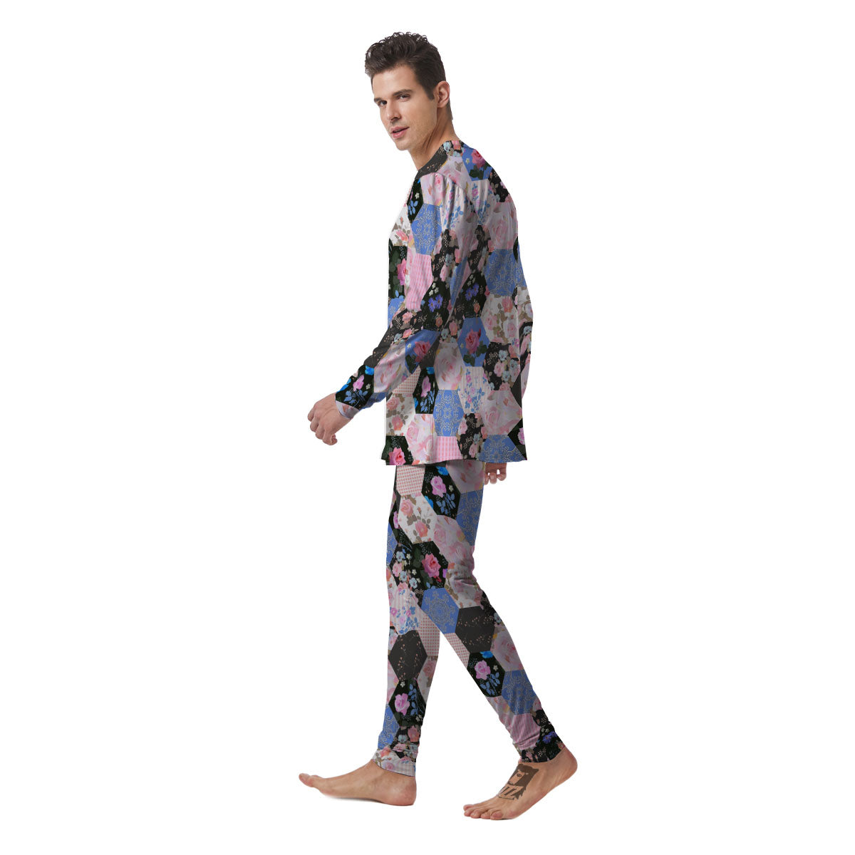 Flower Patchwork Pink Print Pattern Men's Pajamas-grizzshop