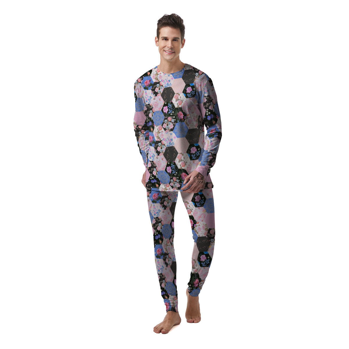 Flower Patchwork Pink Print Pattern Men's Pajamas-grizzshop
