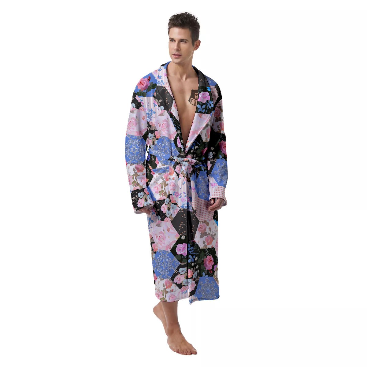 Flower Patchwork Pink Print Pattern Men's Robe-grizzshop