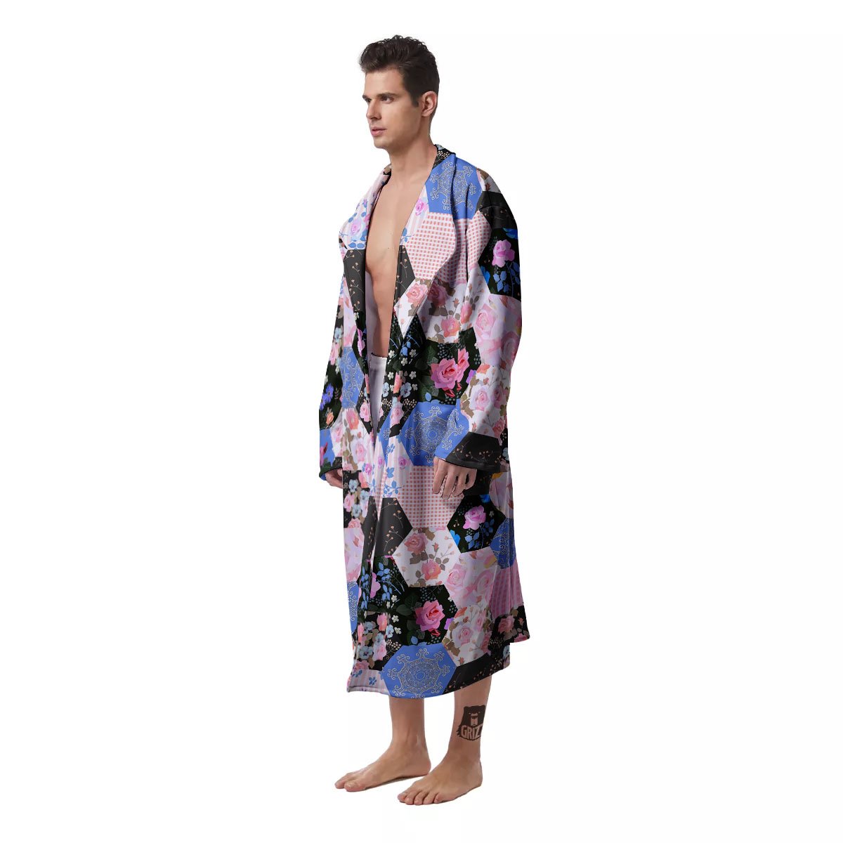 Flower Patchwork Pink Print Pattern Men's Robe-grizzshop