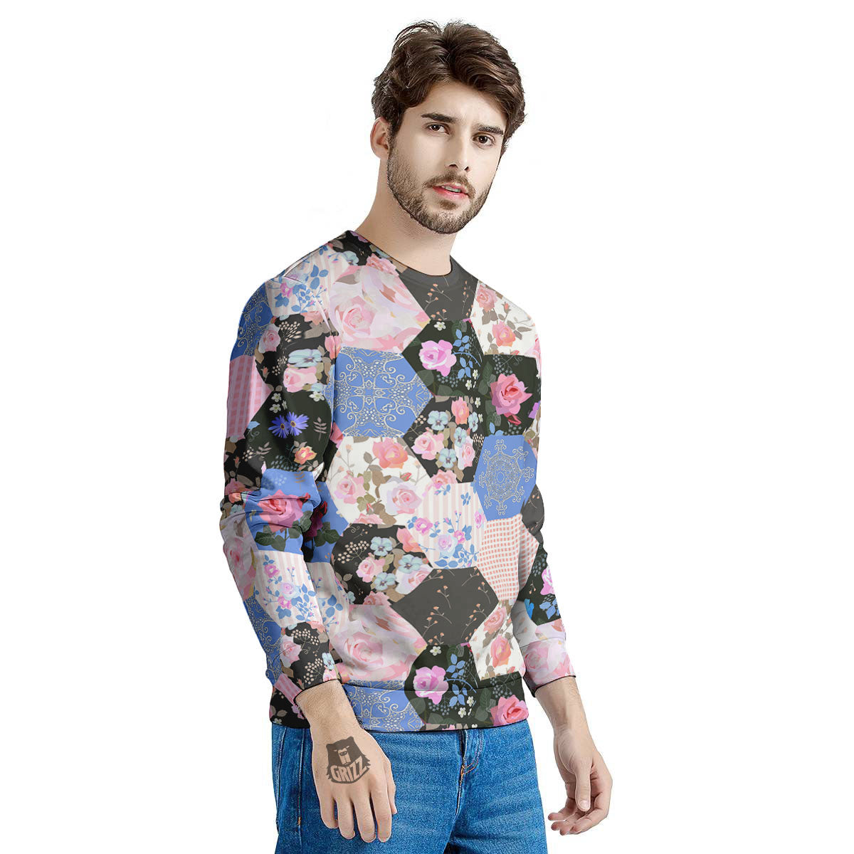 Flower Patchwork Pink Print Pattern Men's Sweatshirt-grizzshop