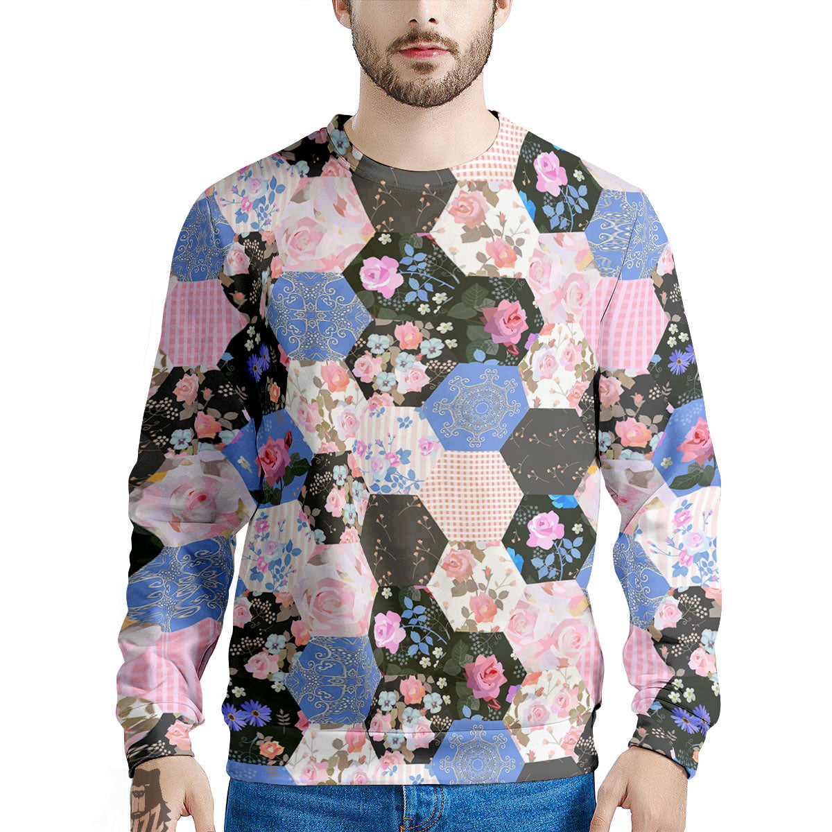 Flower Patchwork Pink Print Pattern Men's Sweatshirt-grizzshop