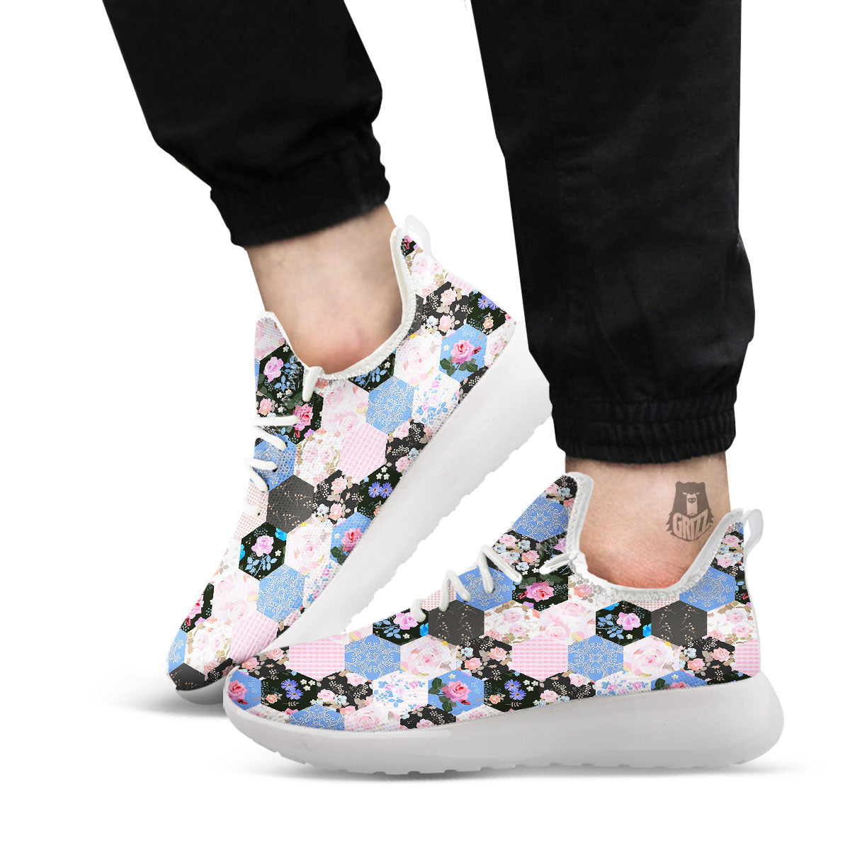 Flower Patchwork Pink Print Pattern White Athletic Shoes-grizzshop