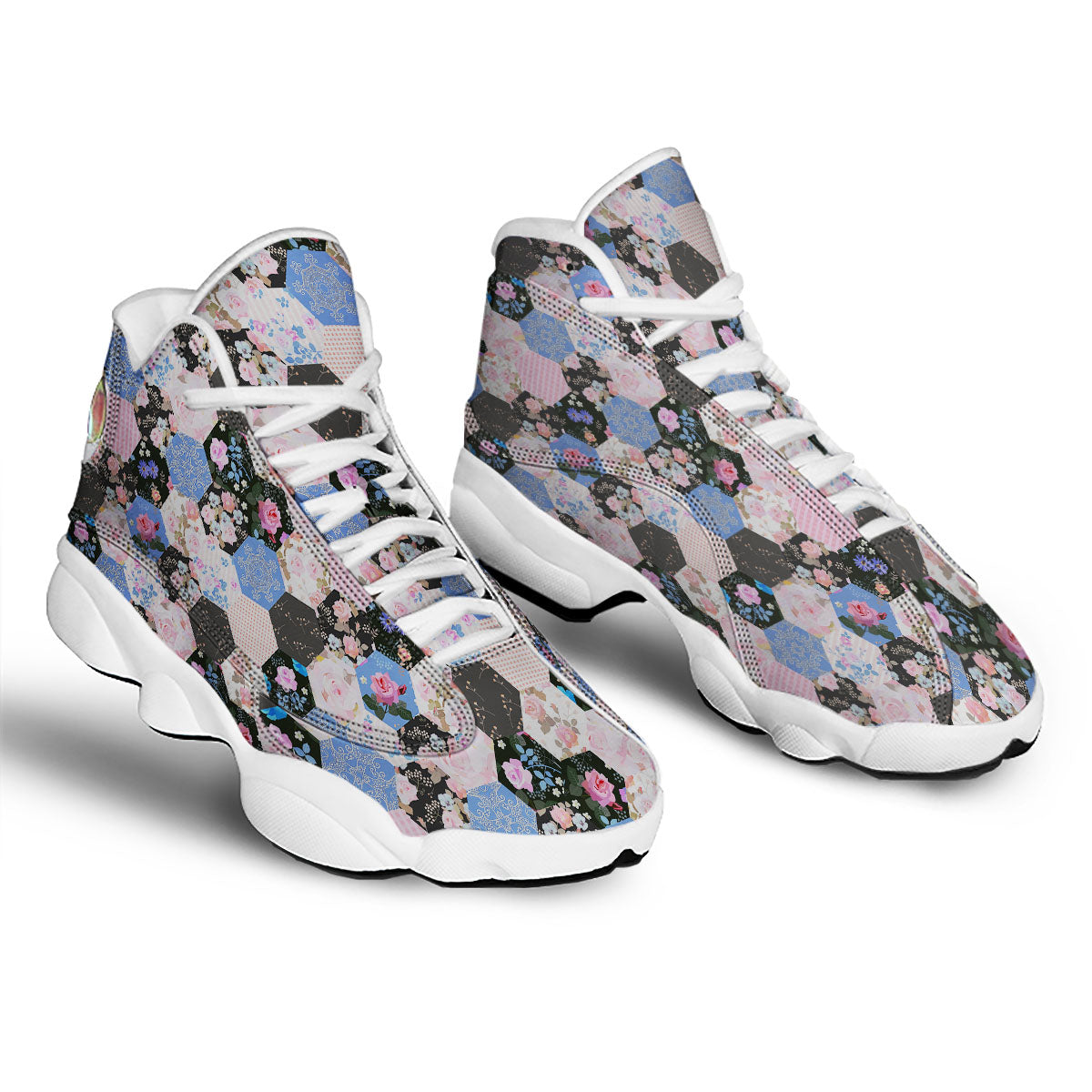 Flower Patchwork Pink Print Pattern White Basketball Shoes-grizzshop
