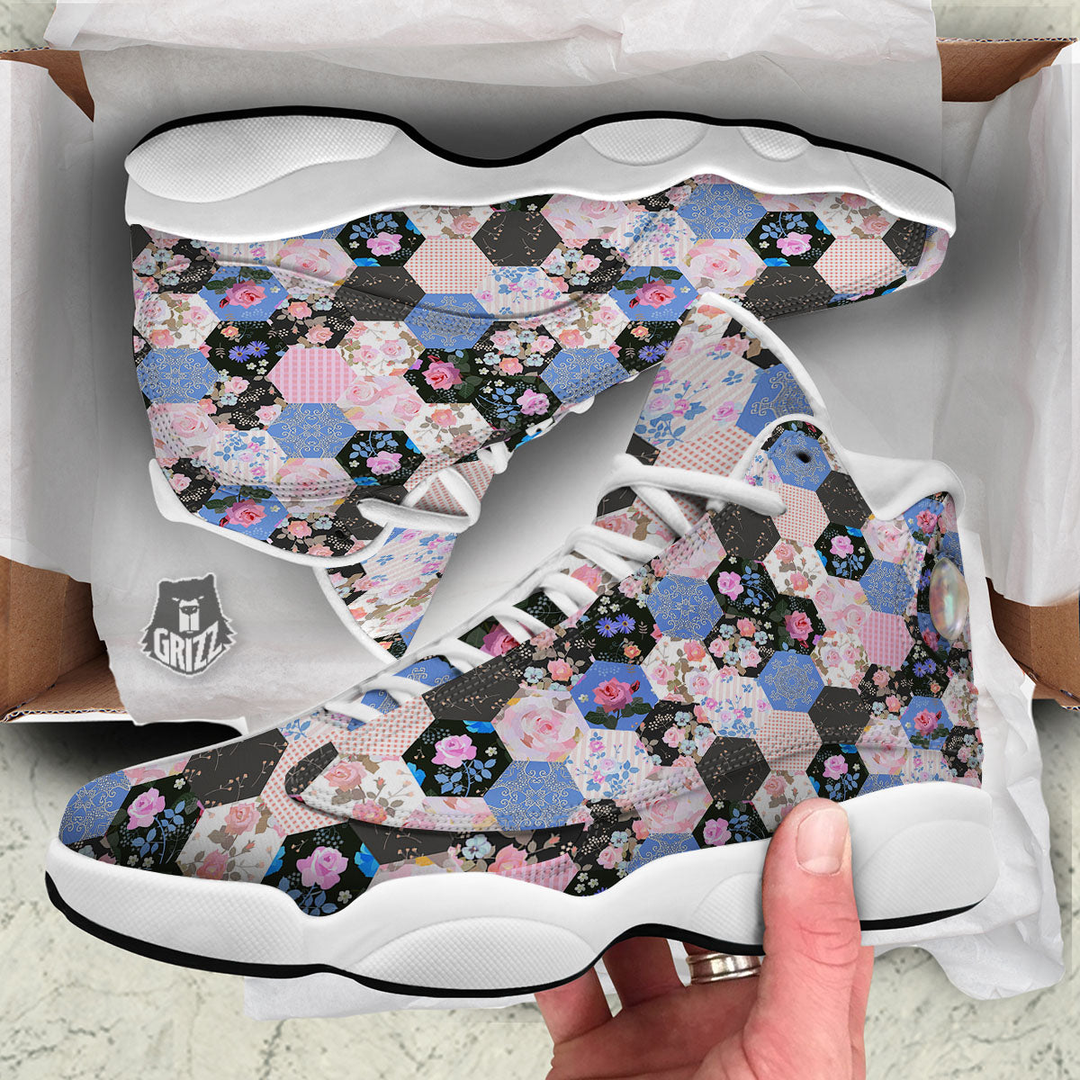Flower Patchwork Pink Print Pattern White Basketball Shoes-grizzshop