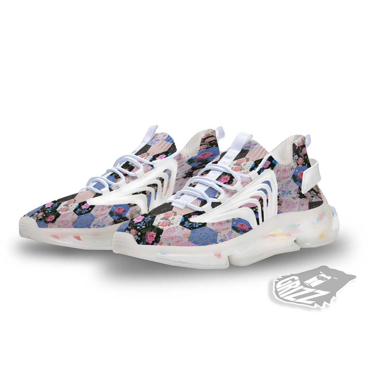 Flower Patchwork Pink Print Pattern White Gym Shoes-grizzshop