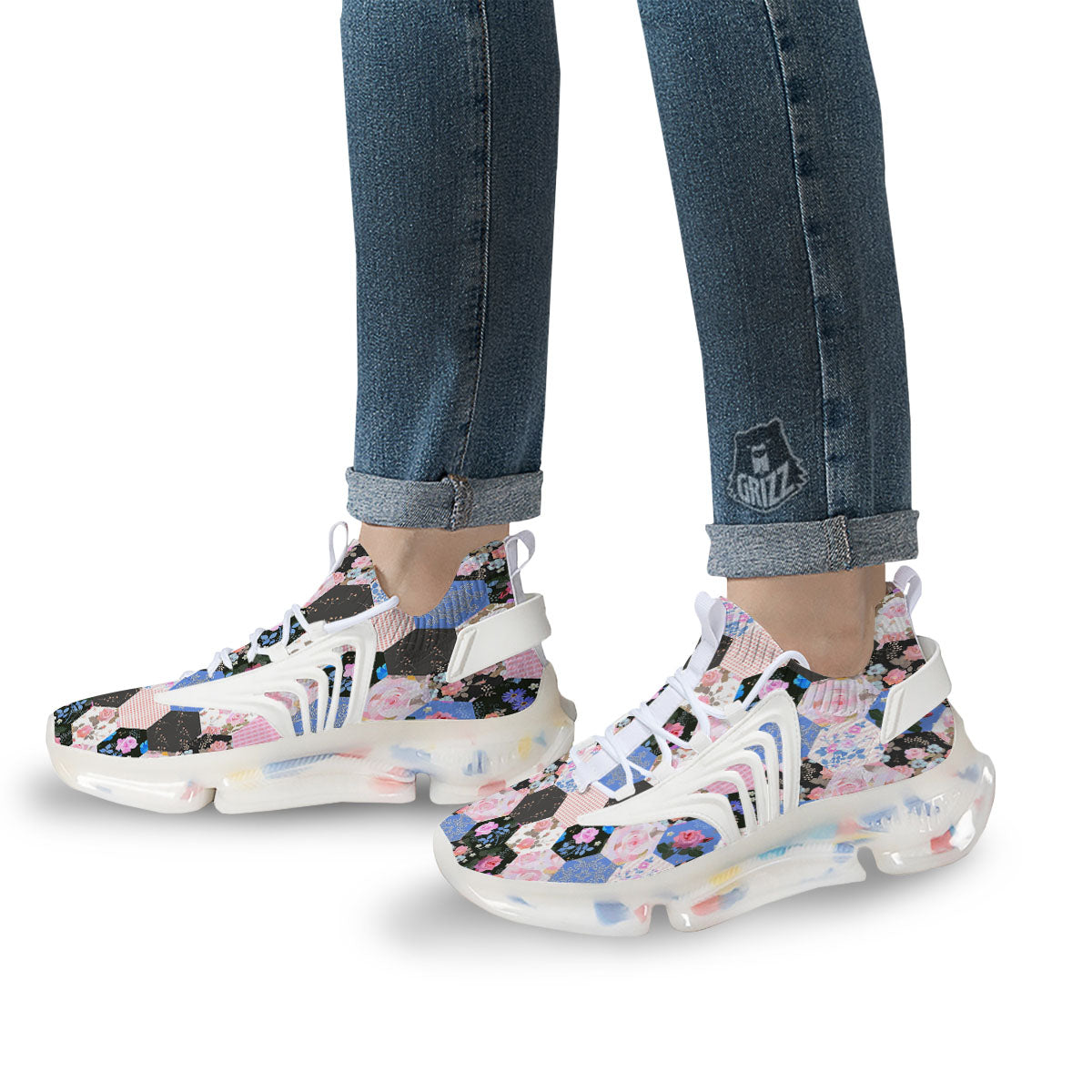 Flower Patchwork Pink Print Pattern White Gym Shoes-grizzshop