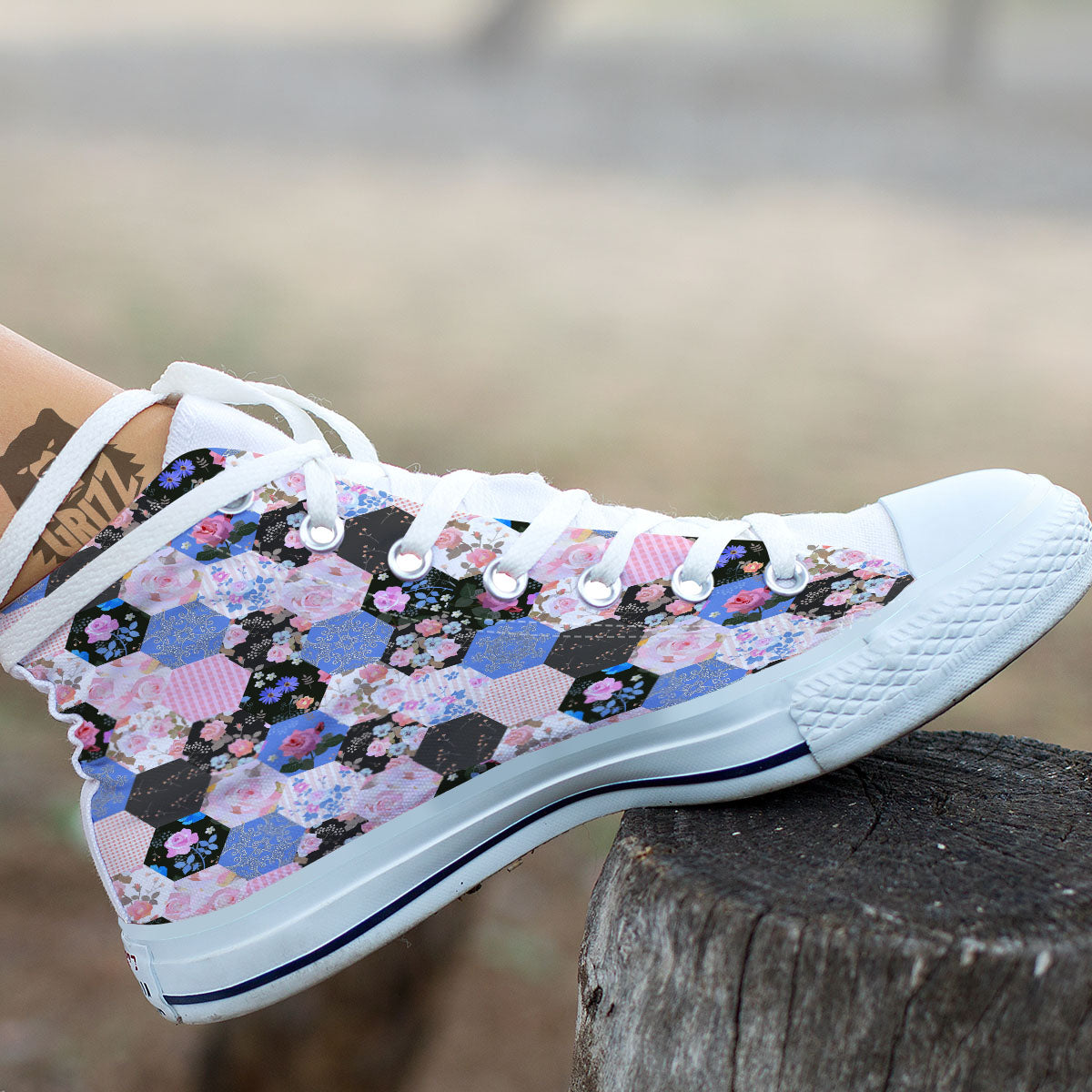 Flower Patchwork Pink Print Pattern White High Top Shoes-grizzshop