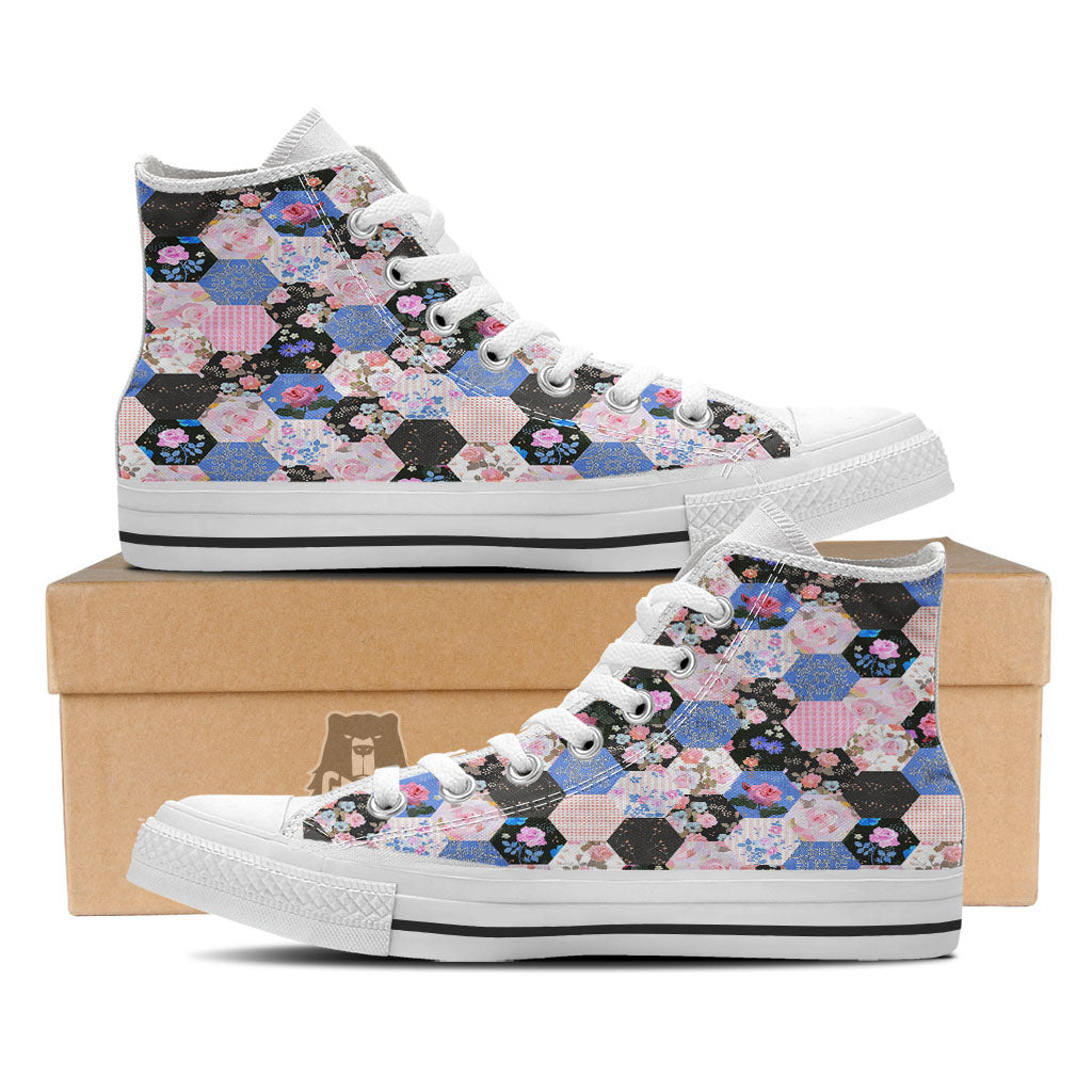 Flower Patchwork Pink Print Pattern White High Top Shoes-grizzshop