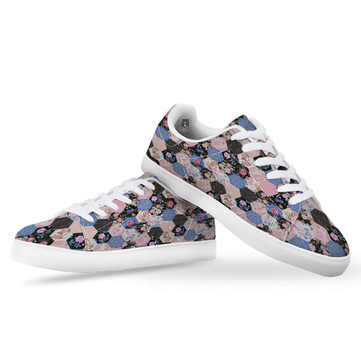 Flower Patchwork Pink Print Pattern White Low Top Sneakers-grizzshop